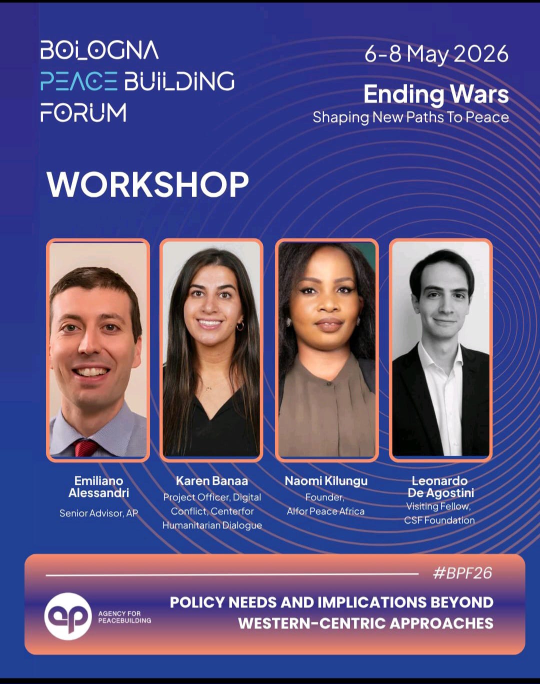 Bologna Peace Building Forum workshop poster featuring Naomi Kilungu